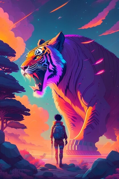 A boy and a tiger are looking at the sky.