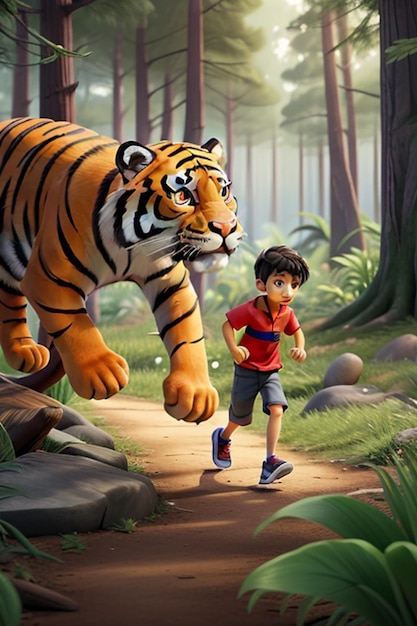 The boy and the tiger both are running in the forest