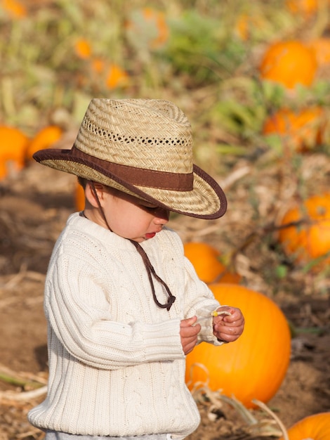 Boy toddler on the farm.