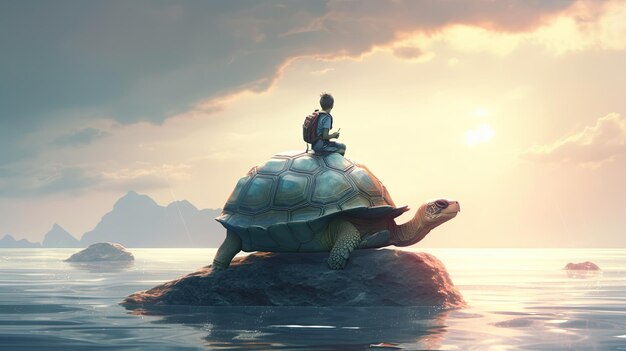 Boy on tortoise in sea digital art illustration Generative AI