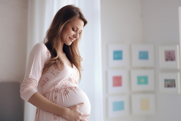 A boy touching his mother39s pregnant belly