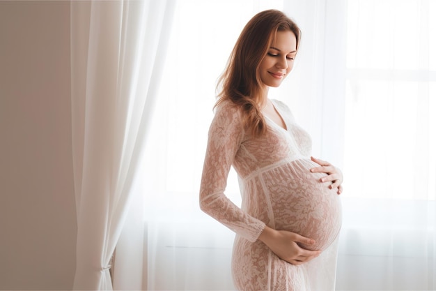 A boy touching his mother39s pregnant belly