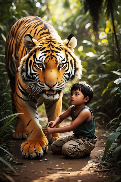 Photo a boy touching a tiger's face and play