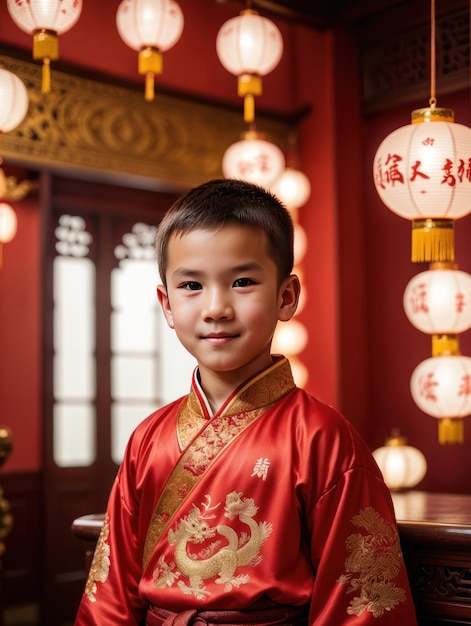 Photo boy in traditional attire with lanterns