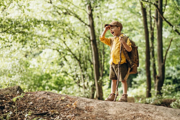 Boy traveler walking in the forest with rucksuck and stick