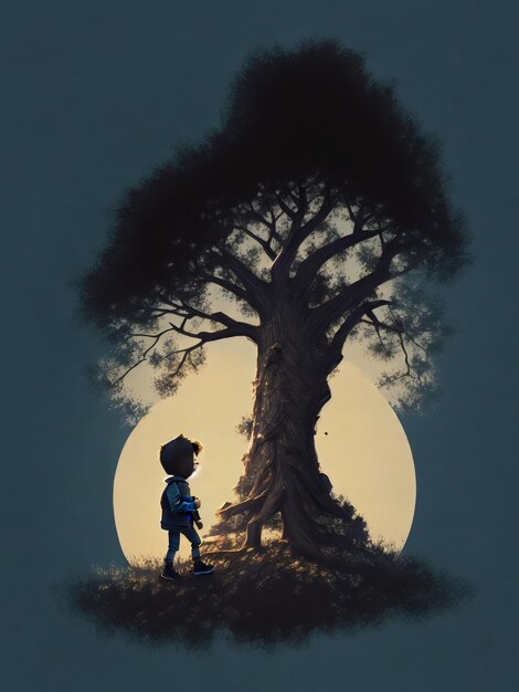 Мальчик под деревом черно-белый портрет