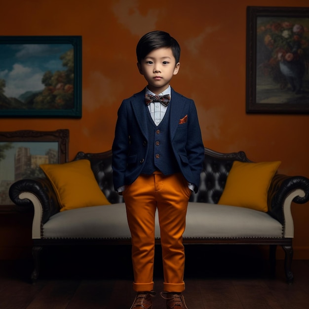 a boy in a tuxedo stands in front of an orange wall.