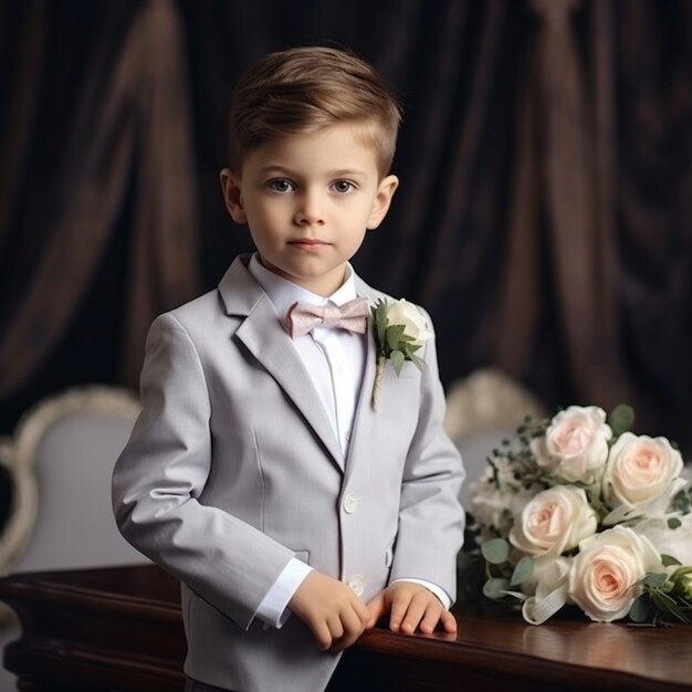 a boy in a tuxedo stands on a table with a bouquet of roses.