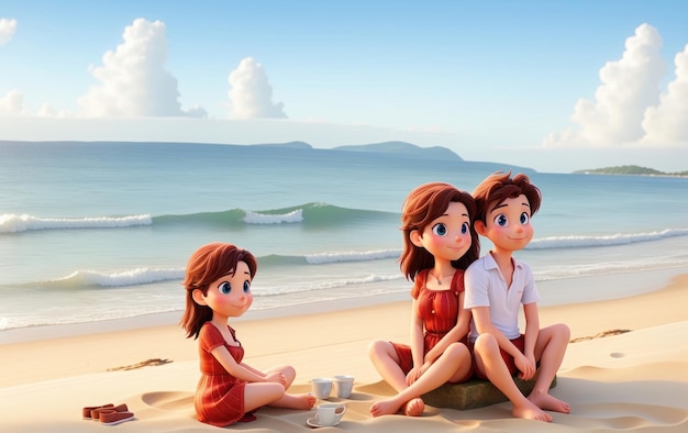 Boy and two girls sitting on the beach