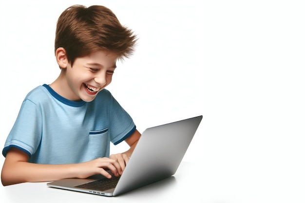 boy use laptop and laughing very much isolated on white background