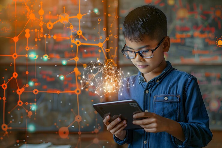 फोटो boy using digital tablet for future opportunities and education concept