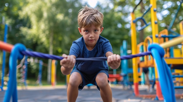 Photo a boy using a resistance band to work on his leg muscles
