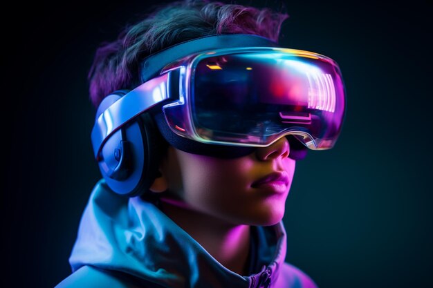 A Boy Using a VR Virtual Reality Headset Glasses for Gaming and Entertainment