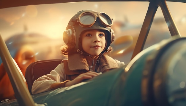 A boy in a vintage airplane with the pilot's helmet