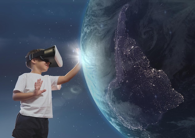 Photo boy in vr headset touching 3d planet against sky background