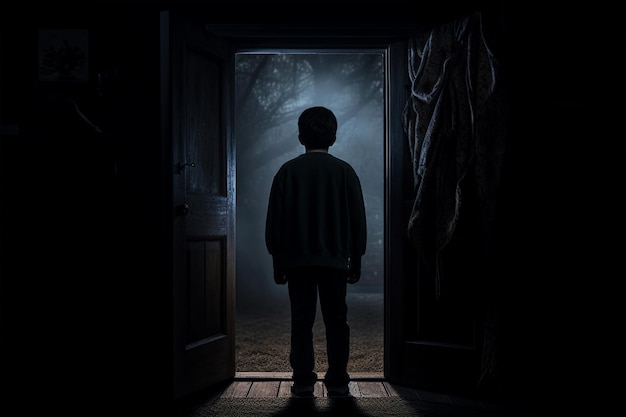 boy waiting at the door to the dark forest back view Generated AI