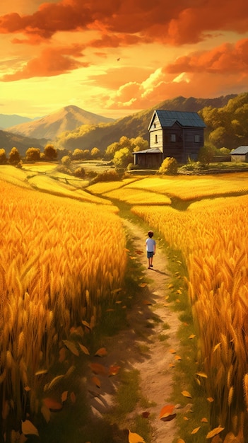 A boy walking in a field with a house in the background