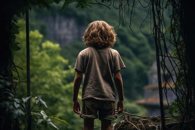 Boy walking in the forest back view generative ai