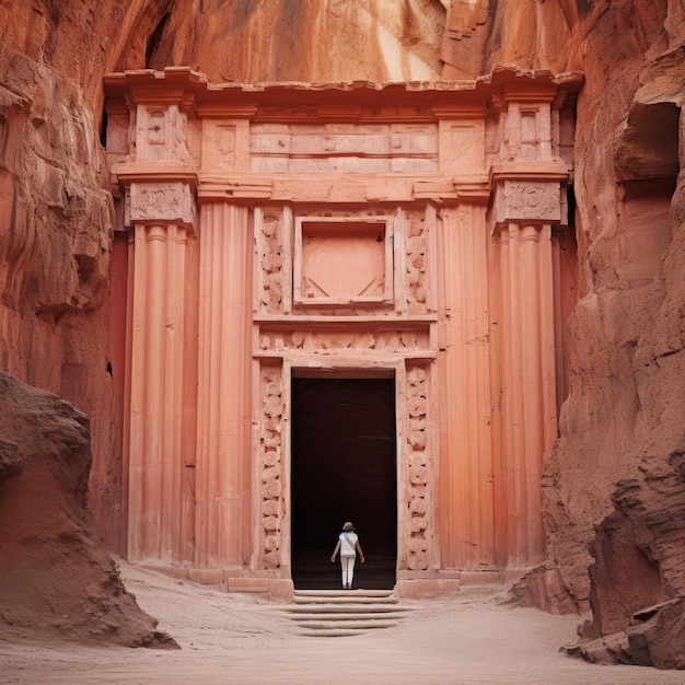 Boy Walking Out Of A Narrow Canyon Volcano With Gothic Architecture