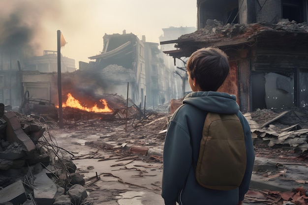 A boy walking on the street at the destroyed city