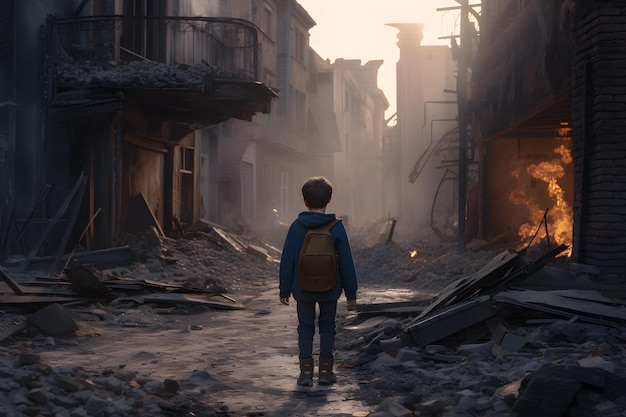 A boy walking on the street at the destroyed city