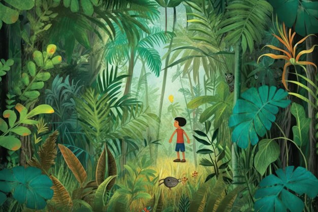 A boy walking through the jungle with a yellow ball in his hand.