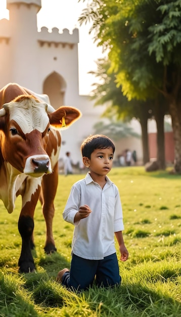 Photo a boy walks next to a cow and a cow