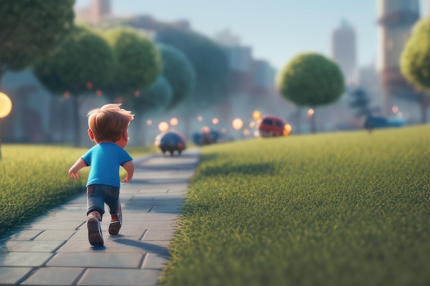 A boy walks down a sidewalk in front of a cityscape.