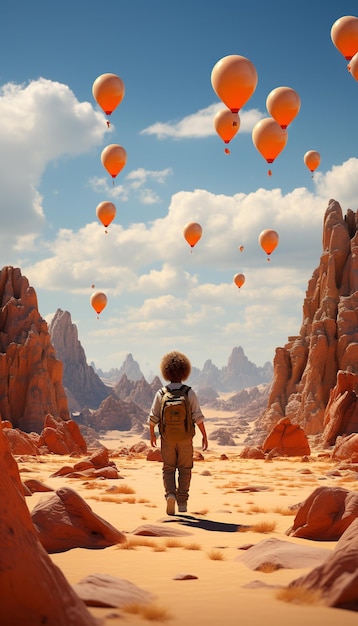 A boy walks to his destination in a desert