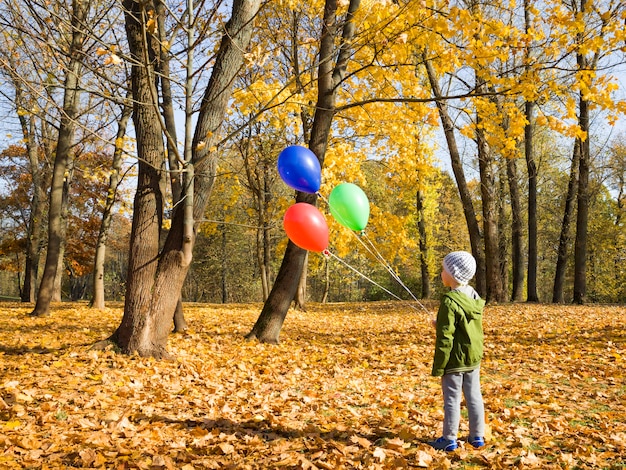 Il ragazzo cammina nel parco con palloncini