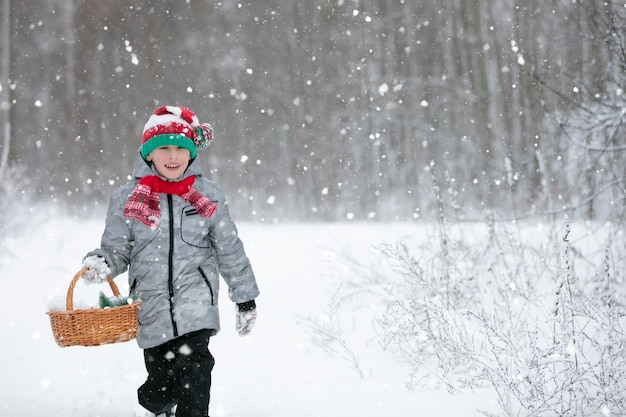 男の子がクリスマス バスケットを持って冬の森を歩く