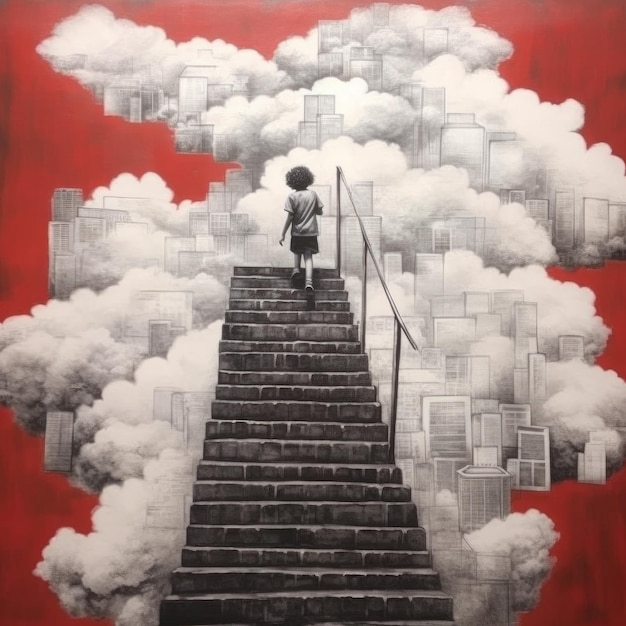 The boy wants to go up the stairs to reach the clouds