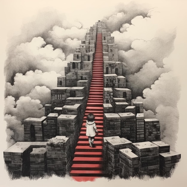 The boy wants to go up the stairs to reach the clouds