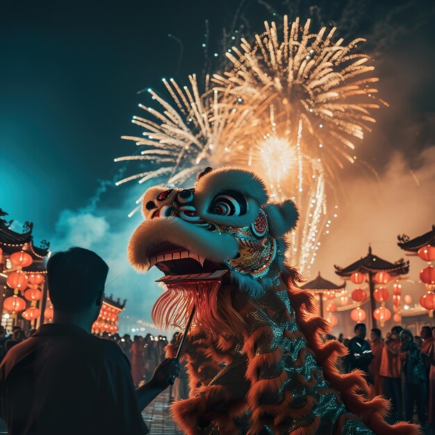 a boy watches a chinese dragon with fireworks in the background