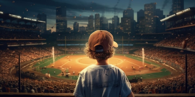 A boy watching a baseball game at night