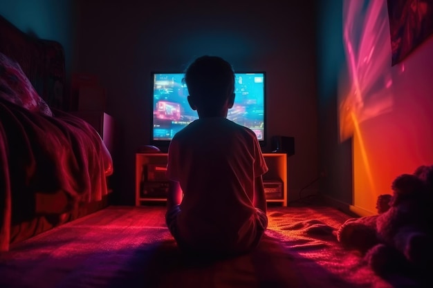 빨간불이 켜진 어두운 방에서 TV를 보고 있는 소년 Generative AI