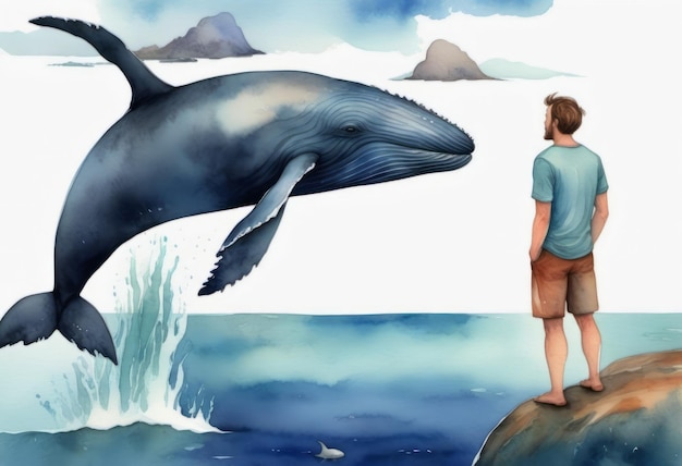 Boy Watching Whale Jump Out of Water