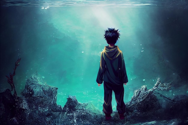 Boy Under Water Fantasy Concept Art Anime Style