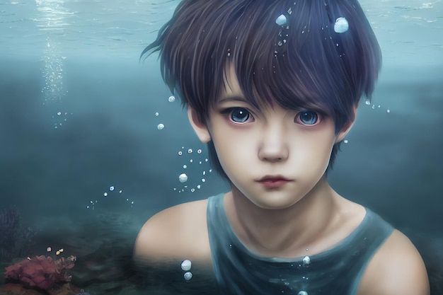 Boy Under Water Fantasy Concept Art Anime Style