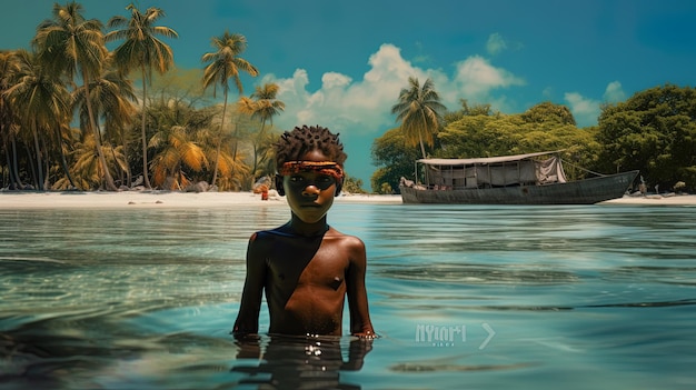 Foto un ragazzo in acqua con una palma sullo sfondo