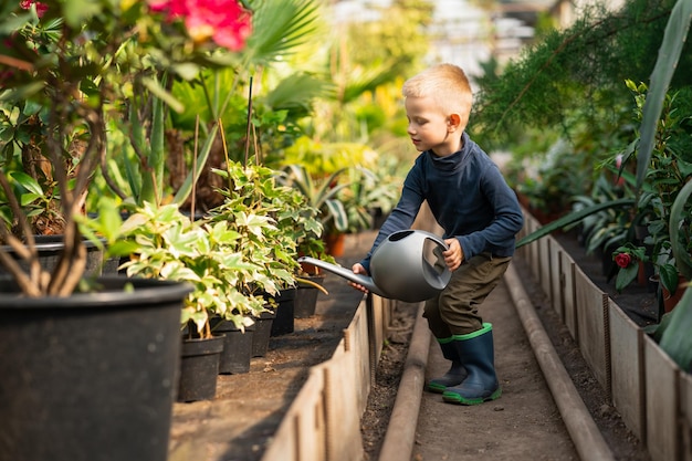 Boy watering flowerpots plants in greenhouse