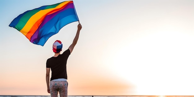 Boy waving rainbow flag Concept of LGBT pride AI generated