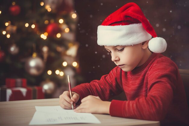 写真 サンタクロースの帽子をかぶった少年がクリスマスのプレゼントを求めて手紙を書く