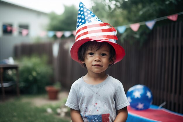 A boy wearing an american flag hat stands in front of a party table.