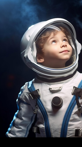 Мальчик в костюме космонавта смотрит вдаль