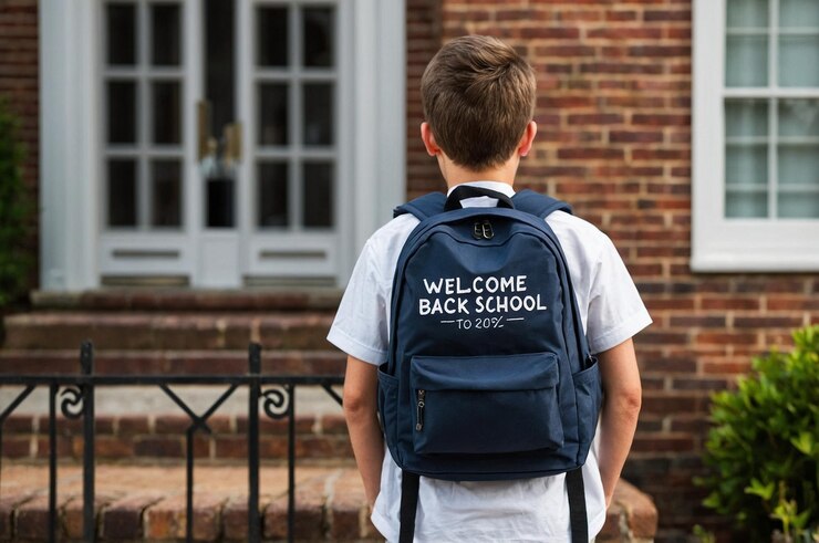 Photo a boy wearing a backpack that says welcome to school