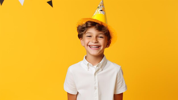 boy wearing birthday hat with cheerful expression on yellow background generative ai