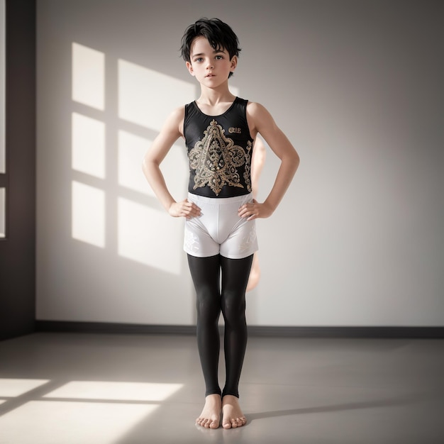 a boy wearing a black tank top with a gold design on it