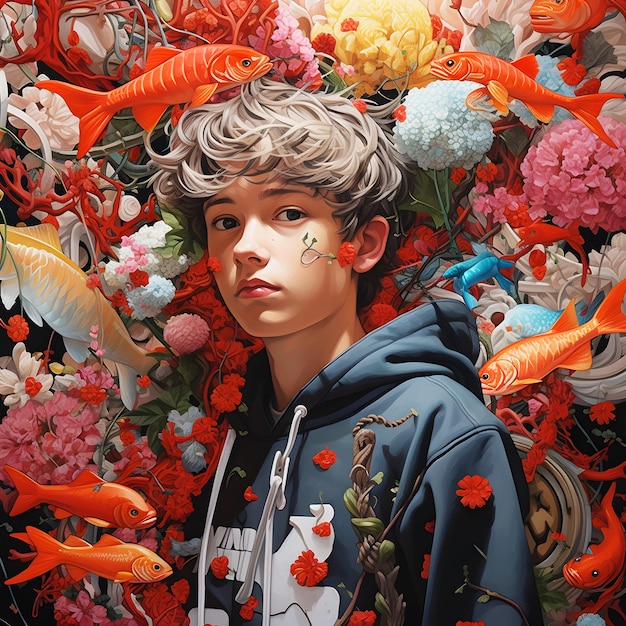 Photo a boy wearing a blue hoodie with a white face and a fish on it