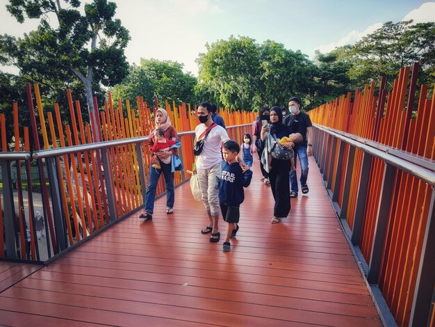 A boy wearing a blue shirt is walking across a wooden bridge.